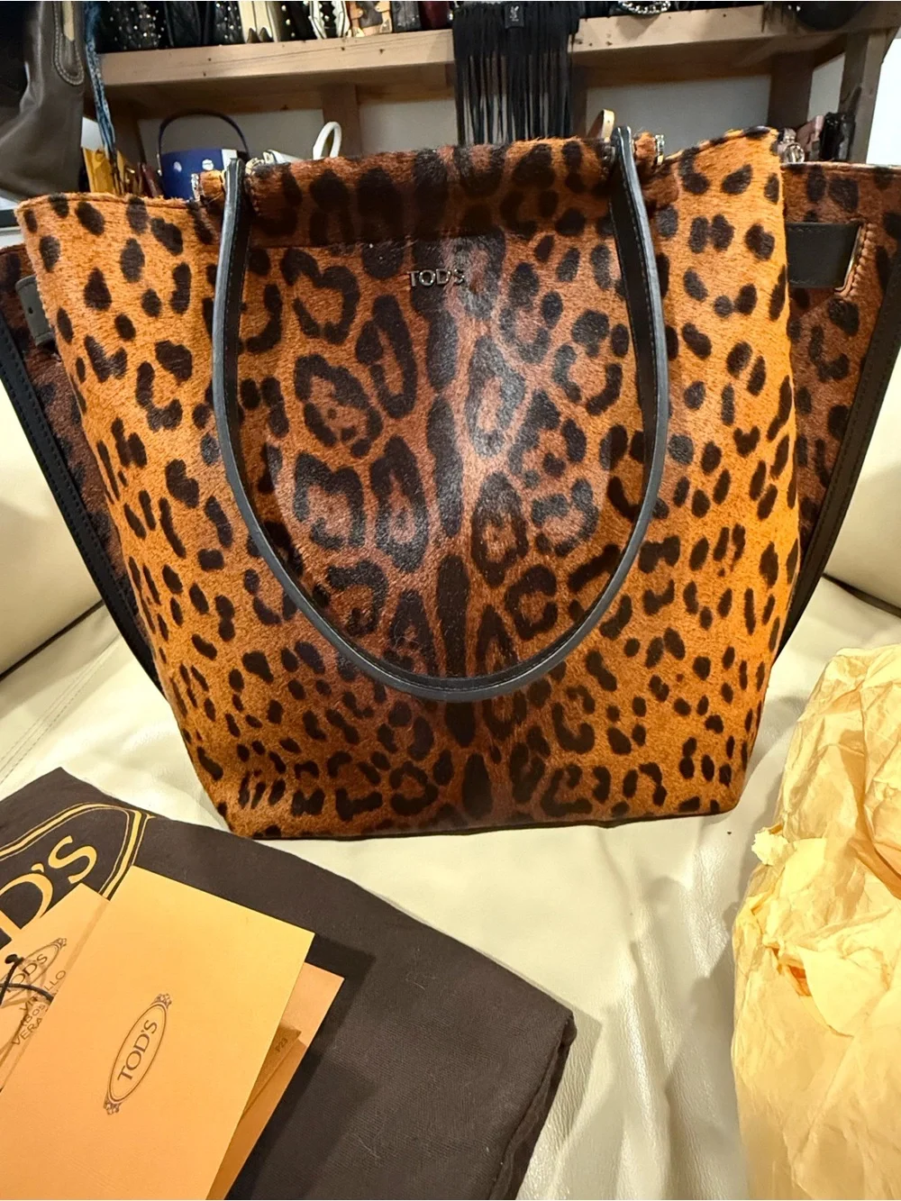 RARE NWOT Tod’s Leopard Calf Hair Tote Bag Italy